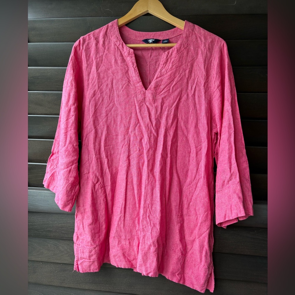 Lands End Tunic Women's Size M Pink Split Neck Pockets Top Shirt